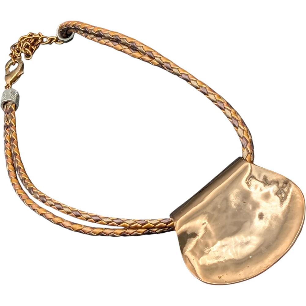 Boho Southwestern Braided Leather Necklace Hammered Gold Tone Statement‎ Pendant